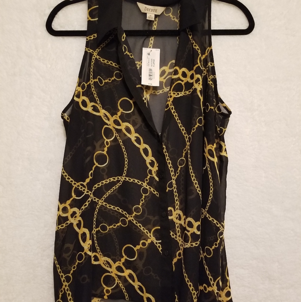 Womans sleeveless, sheer gold jewelry print collared shirt